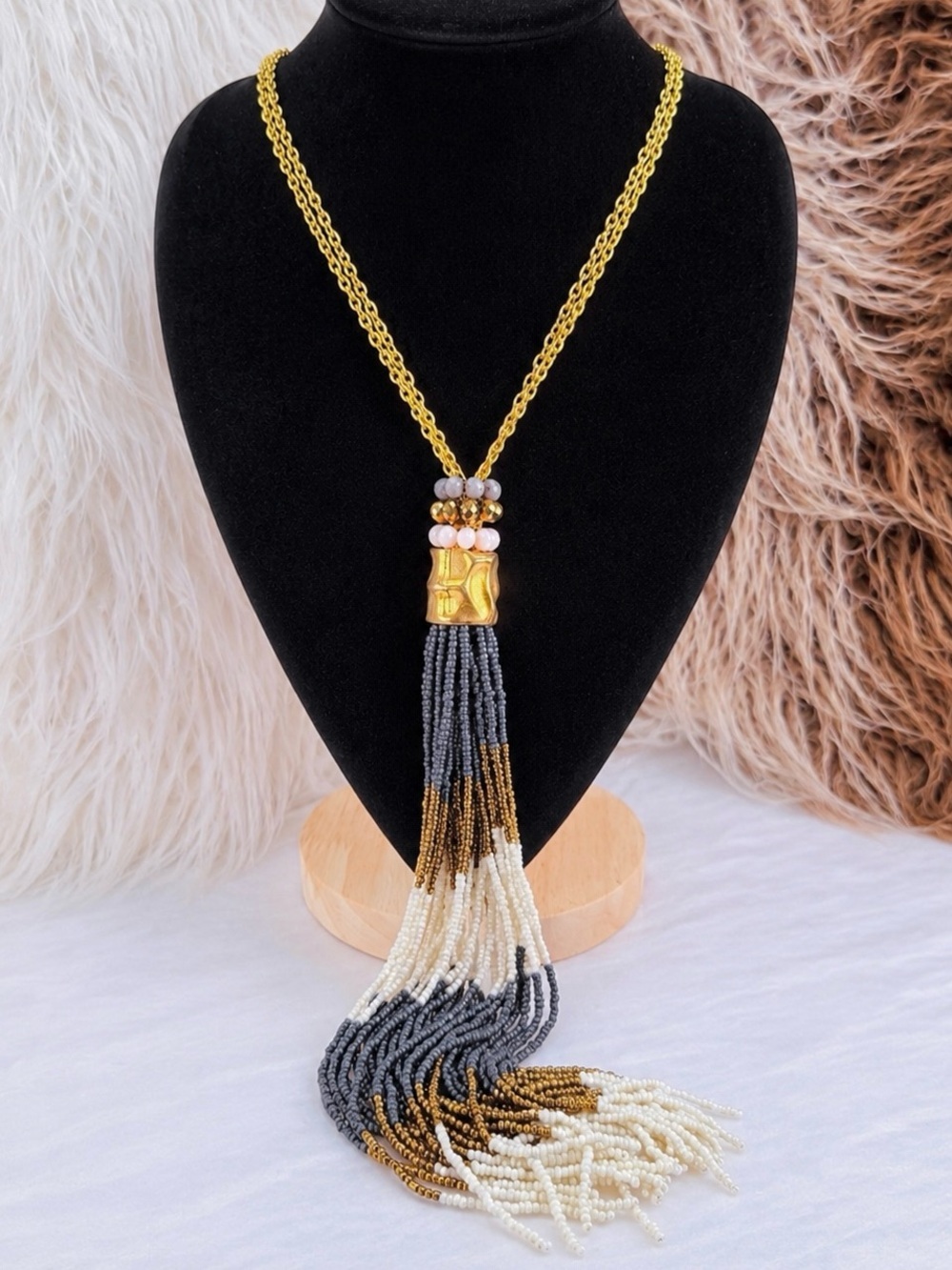 Vintage long, layering, beaded fringe, goldtone accent necklace